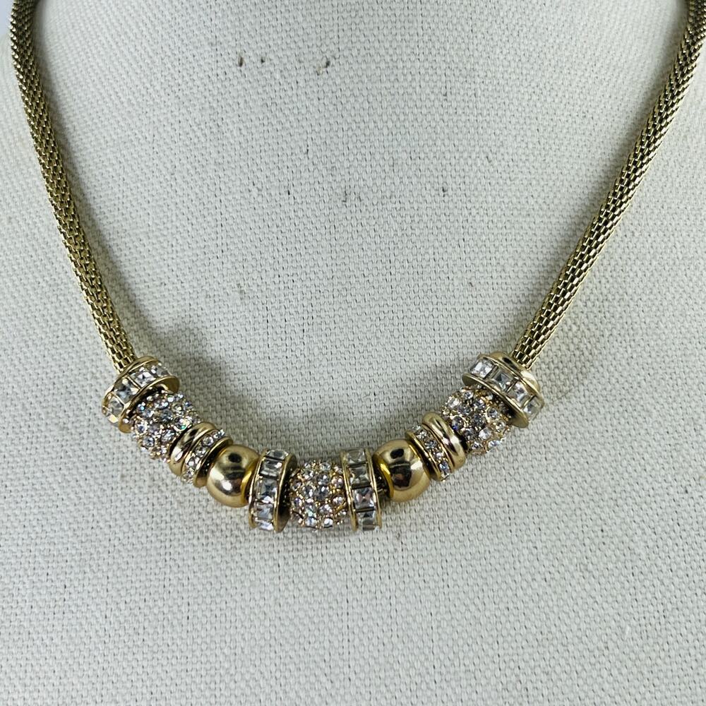 Chico’s Gold Tone Crystal Bead Necklace European Style Pave Charm Statement